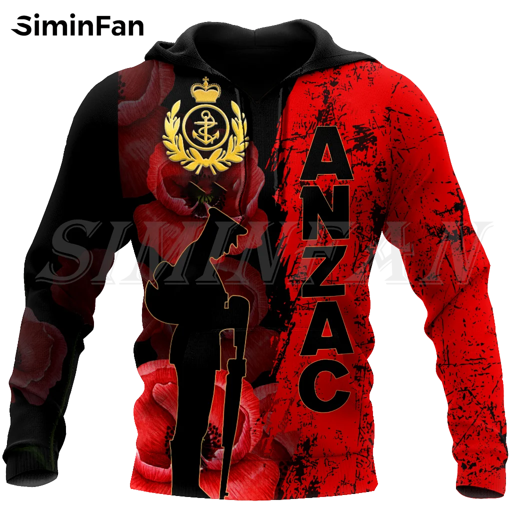 

Mens Hoodies Anzac Day 3D Printed Zipper Jacket Hooded Pullovers Unisex Casual Sweatshirt Women Man Autumn Spring Tracksuit Coat