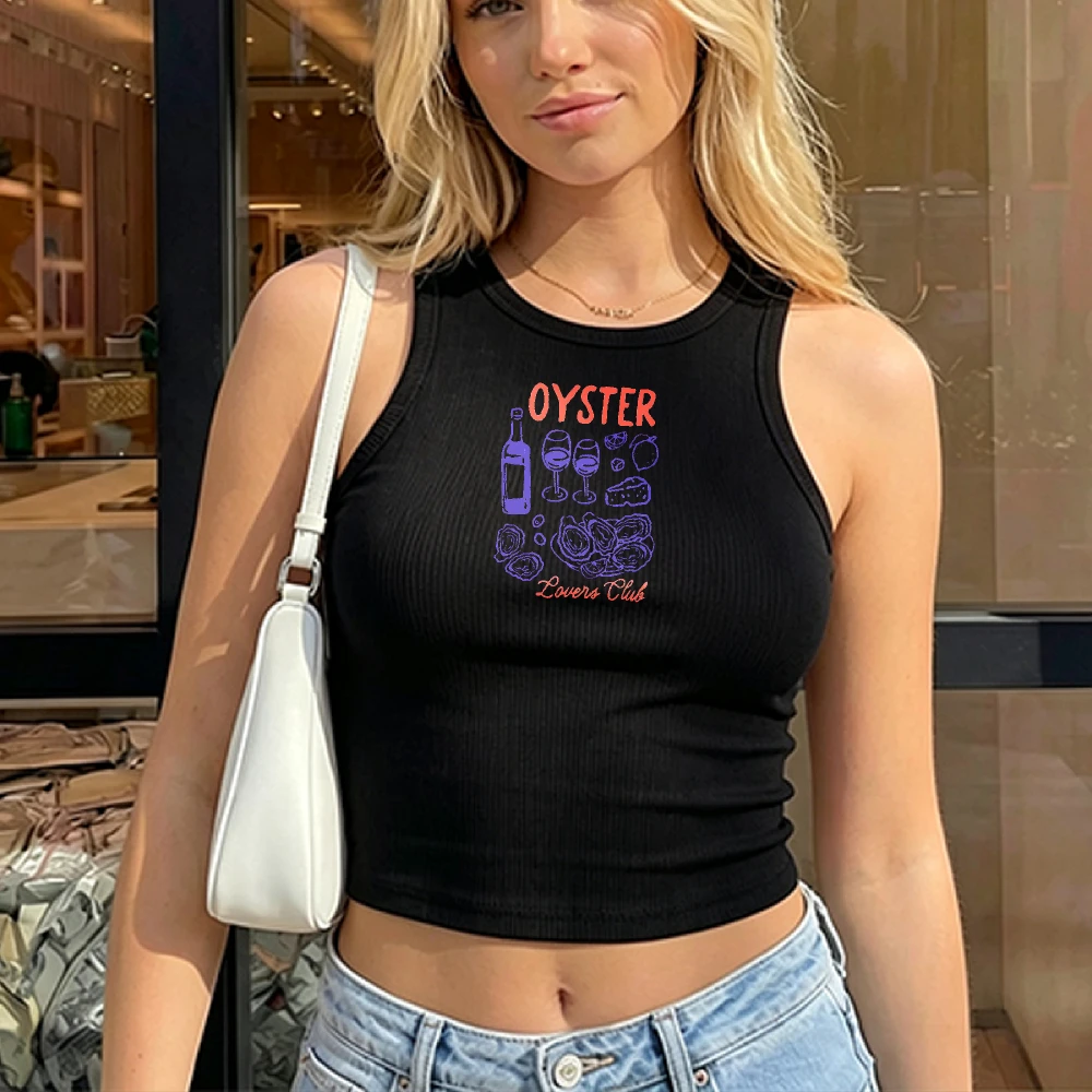 Women Oyster Wine Bottle Glass Hand Line Sketch Print Camisole Ribbed Tank Top Crop Y2K Top Crew Neck Sleeveless Cropped Vest