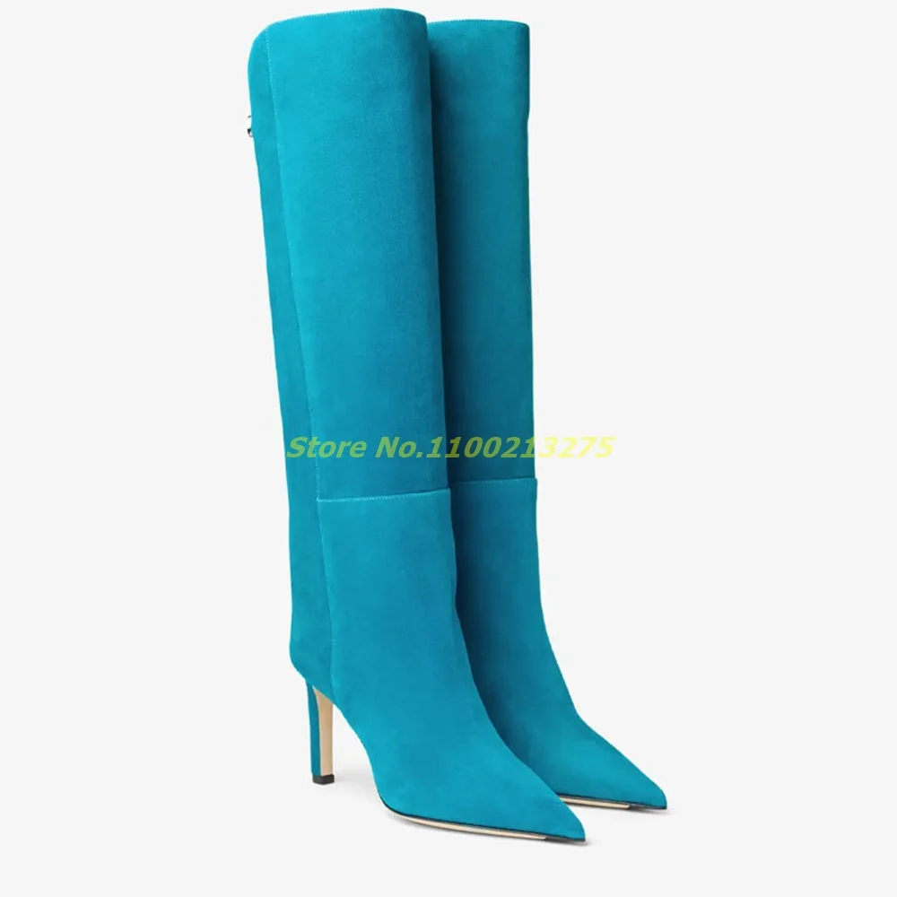 

Suede Knee High Boots Blue Slip On Fashion 2024 Stiletto Thin High Heel Runway Solid 2024 New Arrivals Custom Made Dress Shoes