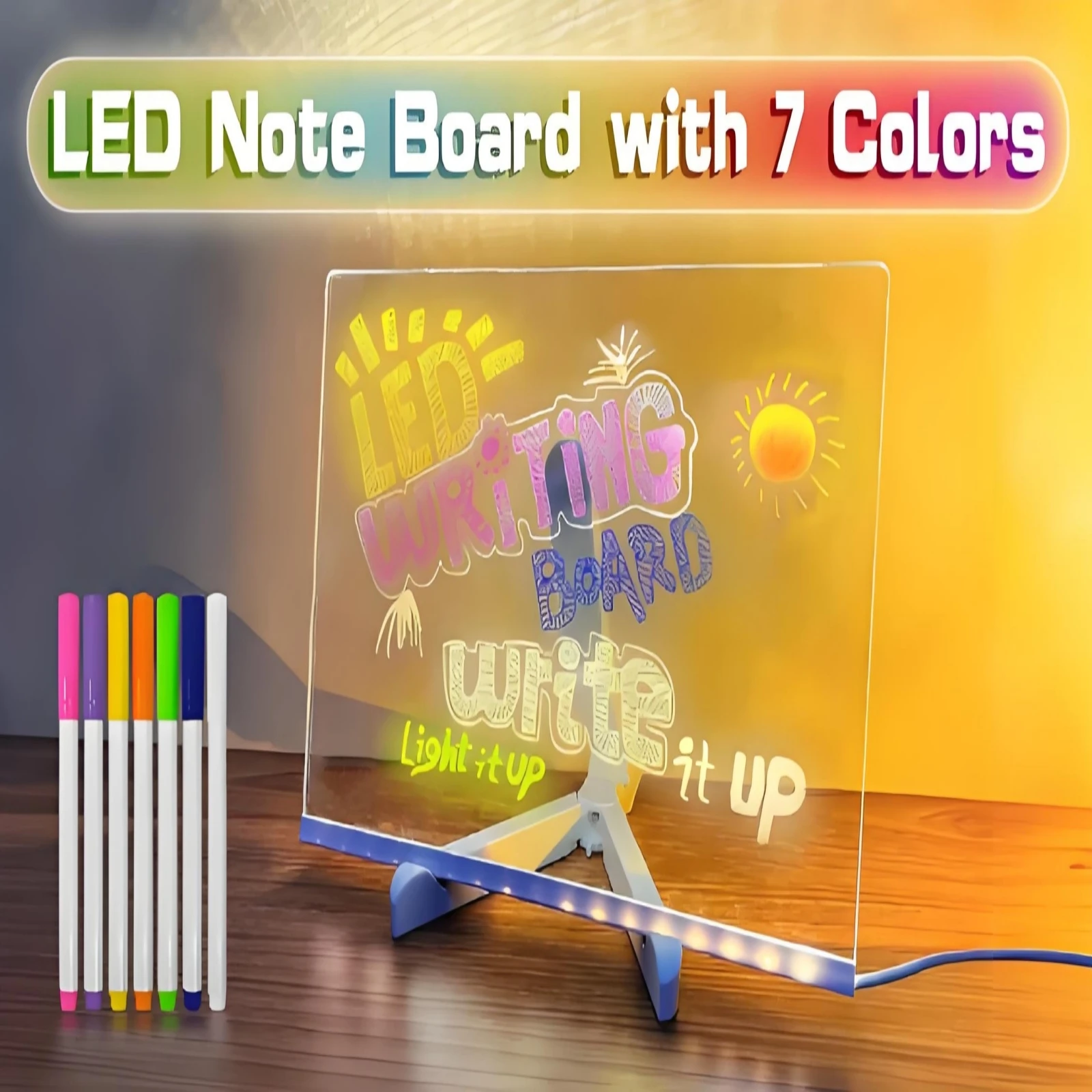 Light Up Acrylic Message Board Rewritable DIY Children Glowing Drawing Board Message Lamp with 7 Colorful Pens