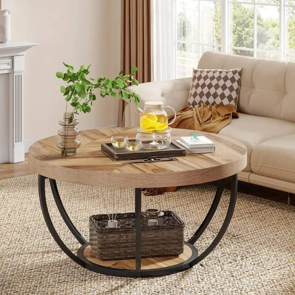 31.7" Industrial 2-Tier Circle Coffee Table with Storage Shelves, Modern Wooden Accent Center Table Sofa Side Table