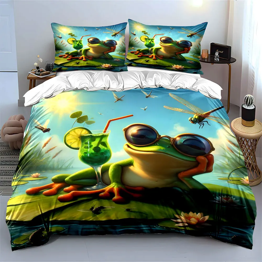 Relaxing frog with drink Print Bedding Set 1 Duvet Cover 2 Pillowcases for Adult and Children Luxury Gift Full Size