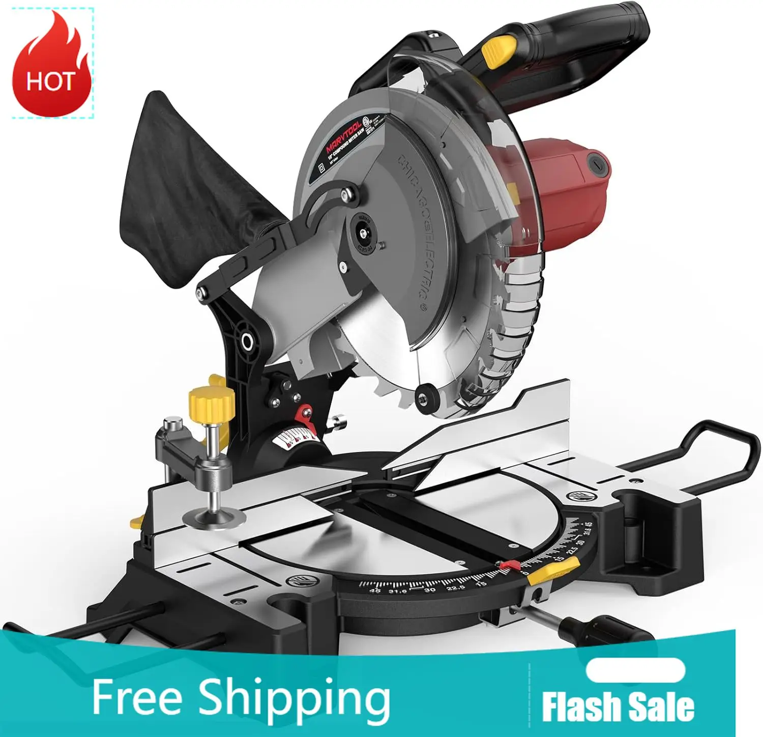 

10-дюймовая торцовочная пила, 5000 об/мин, 15 А, односторонний наклон 0-45° ° Электропила по металлу с удлинительным столом и лезвием 36T