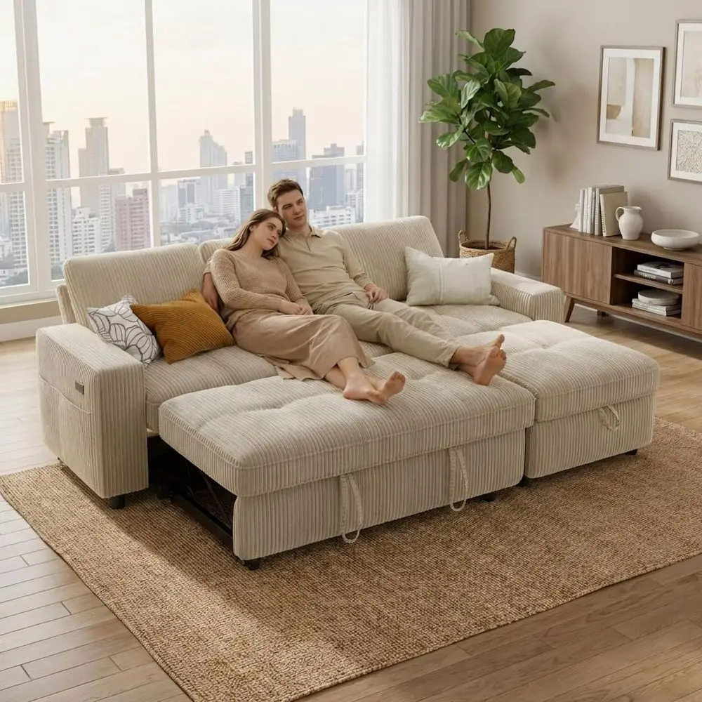 

Угловой 3-местный диван-кровать L-образной формы 81 с выдвижным спальным местом, отсеком для хранения, регулируемой спинкой, USB-портами, безинструментальной сборкой, из плюшевого вельвета