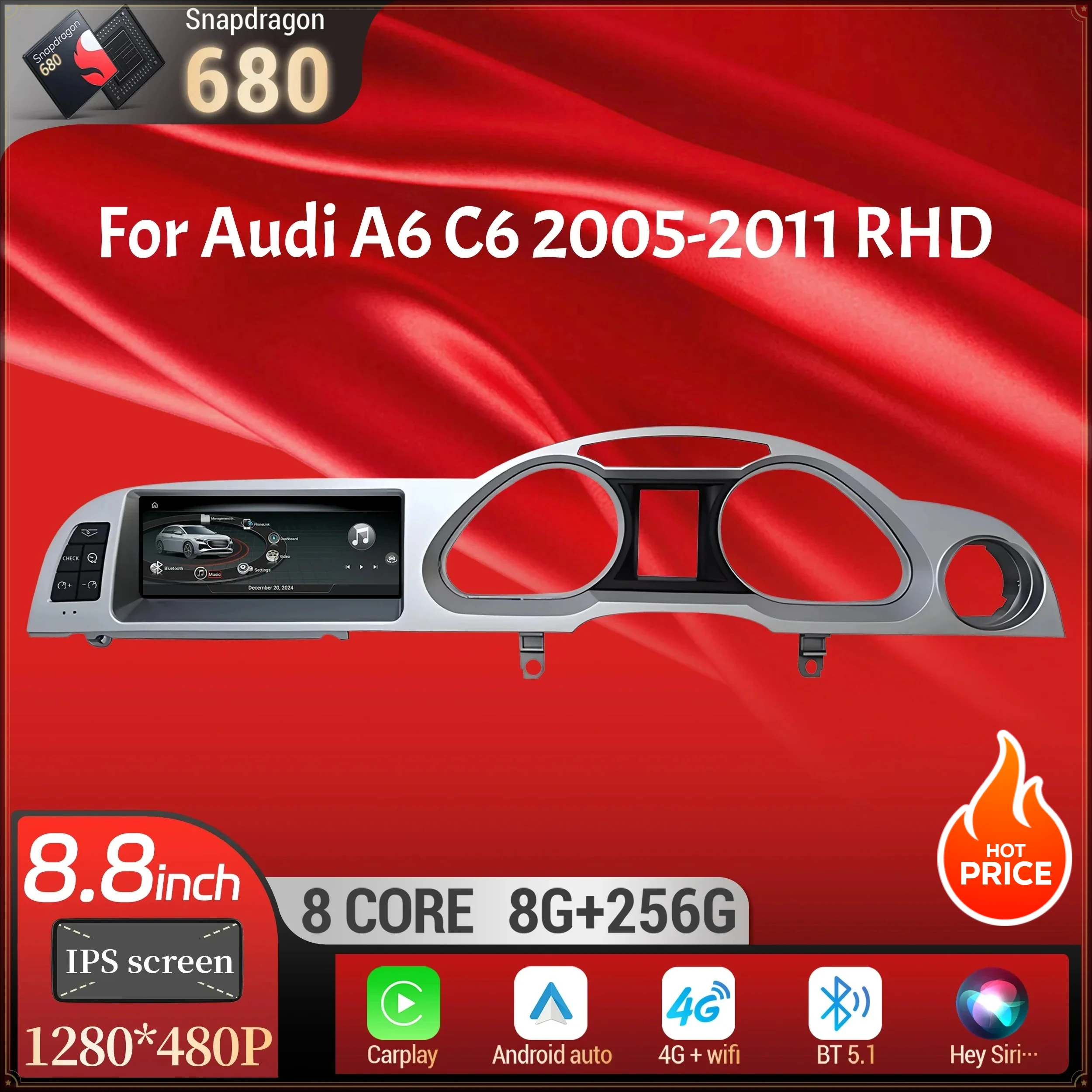8.8 Inch Android 14 Car Radio for Audi A6 C6 2005-2011 Right Hand Drive Touch Screen Wireless BT Carplay Qualcomm Snapdragon 680