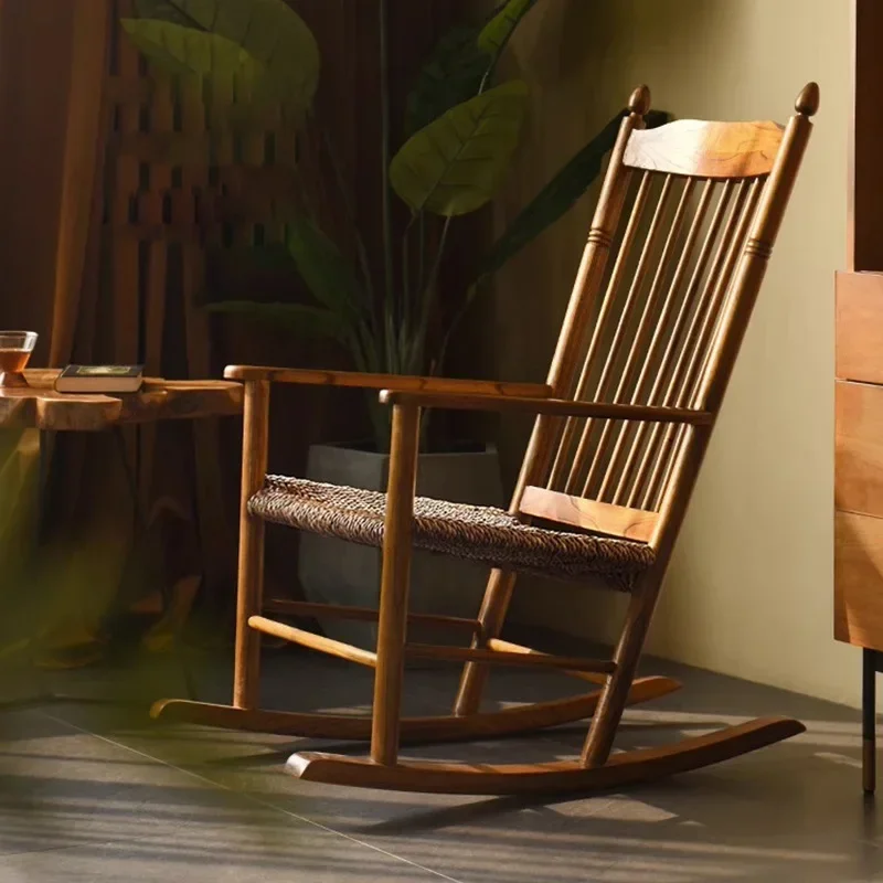 Rocker chair, solid wood, leisure rattan woven balcony, lounge chair, lunch break rattan rocking  retro home sofa