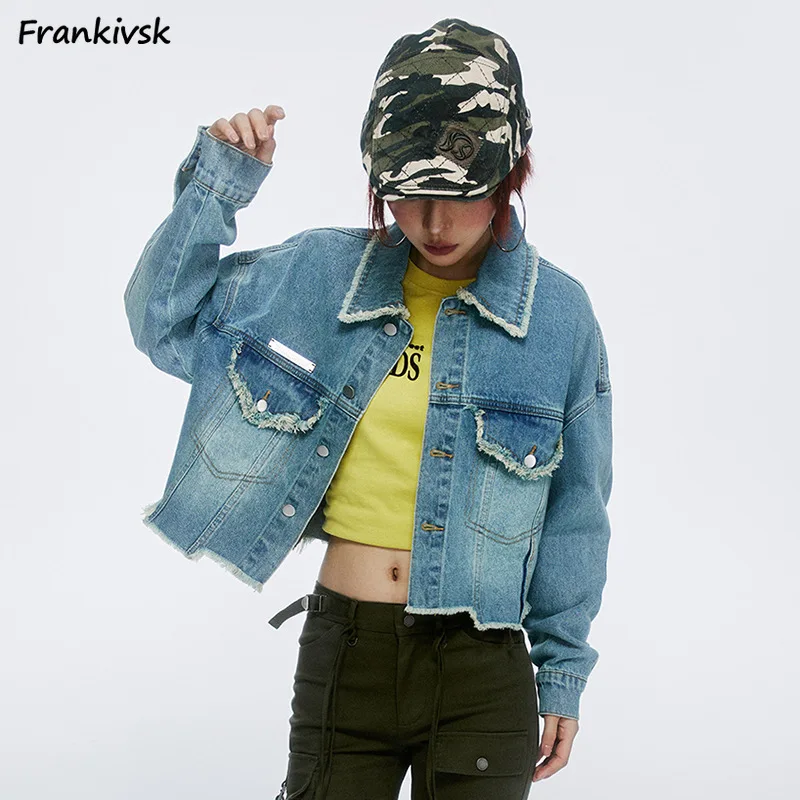 Denim Jacken Frauen High Street Punk Stil Langarm Ausgefranste Europäischen Chic Vintage Frühling Alle-spiel Mode Täglichen Neue ankunft