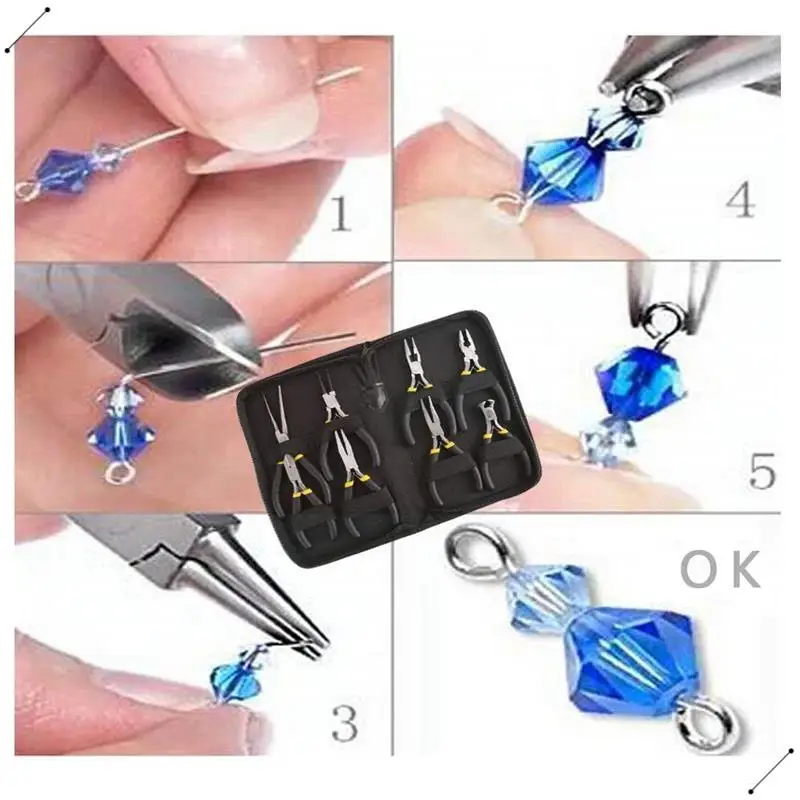 8Pcs Mini Pliers Set, Long Nose With Teeth, Flat Jaw, Round Curve Needle Diagonal Nose Wire End Cutting Cutter Linesman Plier Wi