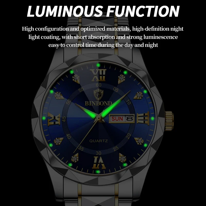 BINBOND Top Brand Luxury Fashion Quartz Watch Men Waterproof Week Date Clock Stainless Steel Sport Watch Men Quartz Wristwatch