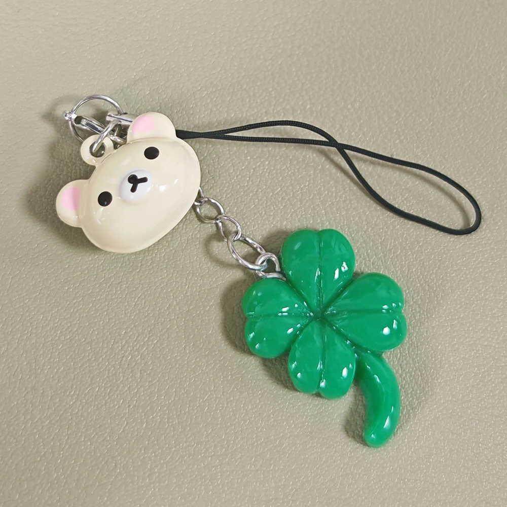 Cute Bear Kawaii Lucky Leaf Phone Charms Pendant Case For iP 15 Airpods Earphones Ins Korea New Anime Customized Accessories Y2K