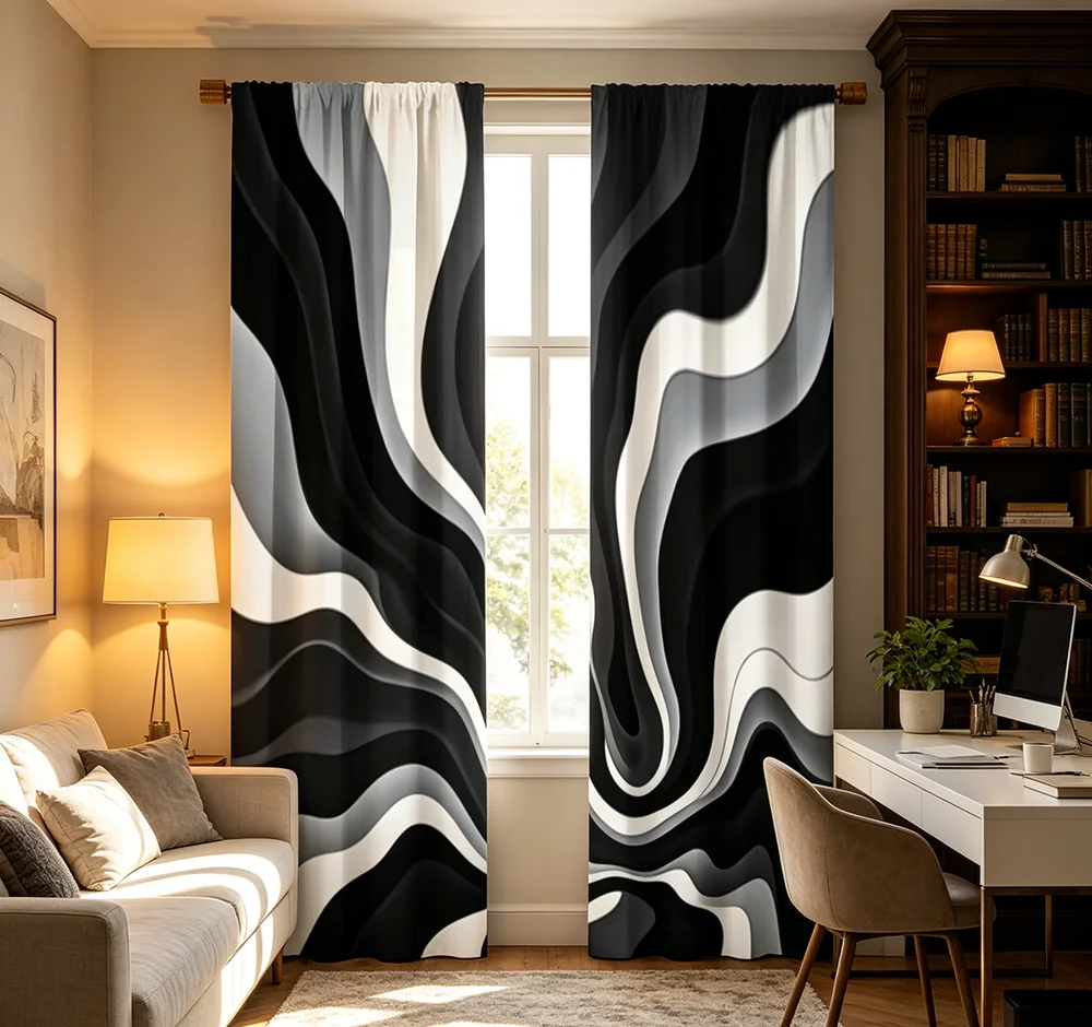 2pcs Modern Abstract Curtains Black and White Marble Wave Window Drapes Minimalist Fluid Art Decor Living Room Bedroom
