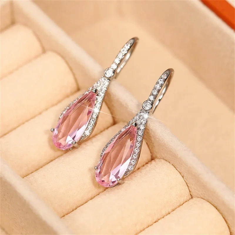 Luxury Pink CZ Pear Shaped Zircon Drop Earrings for Women Wedding Engagement Accessories Luxury Jewelry