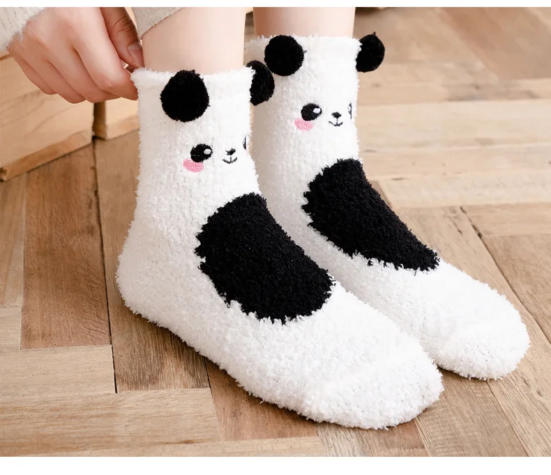 

Женские зимние мягкие носки из кораллового флиса, короткие носки-тапочки с милой мультяшной пандой, кавайные студенческие теплые носки до щиколотки, японская мода