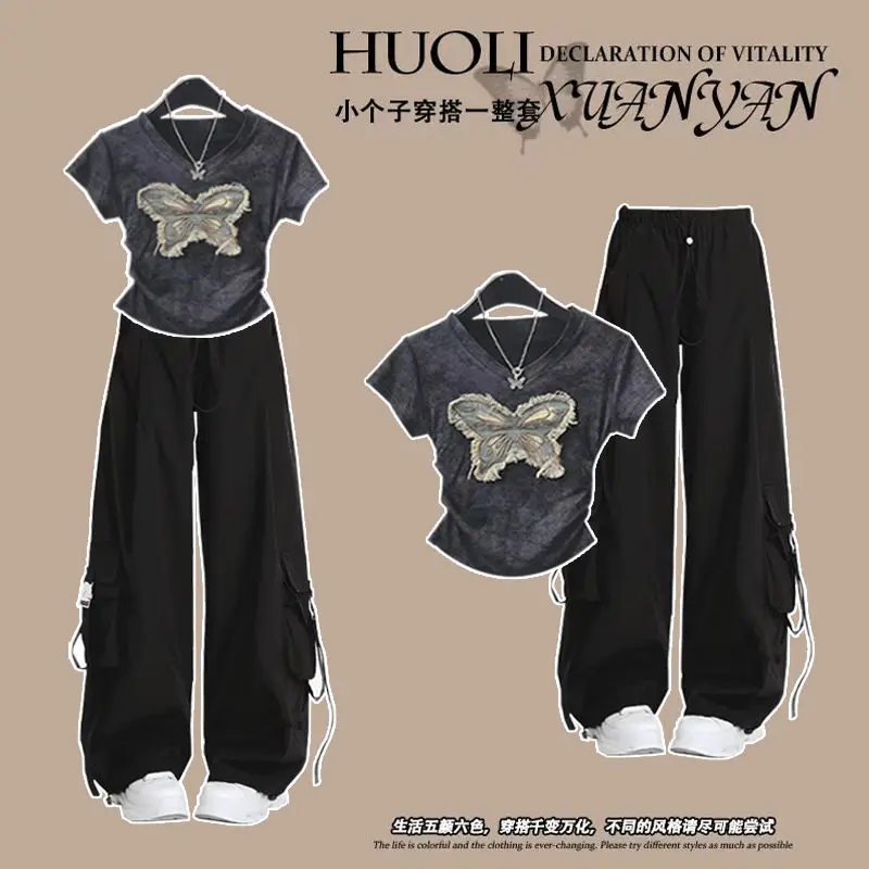 

Cotton V-neck Pleated Short Sleeved Top Women's American Work Pants Retro Spring and Summer New Two-piece Set