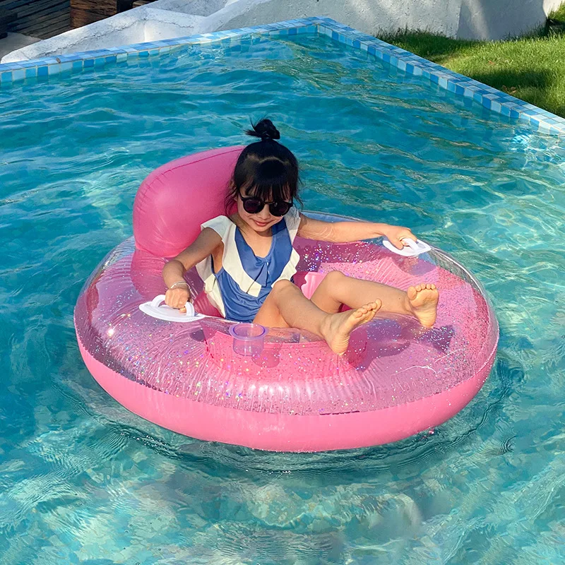 Glitter Inflatable Pool Float เก้าอี้พนักพิงและมือจับ-Sparkling Floating Lounger วงกลม Summer Beach Lake Water Fun Seat
