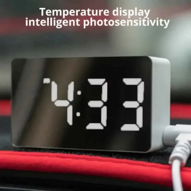 LED Mirror Desktop Alarm Clock, Snooze Function Time Display Night Light, USB Rechargeable Digital Table Clock for Home Bedroom