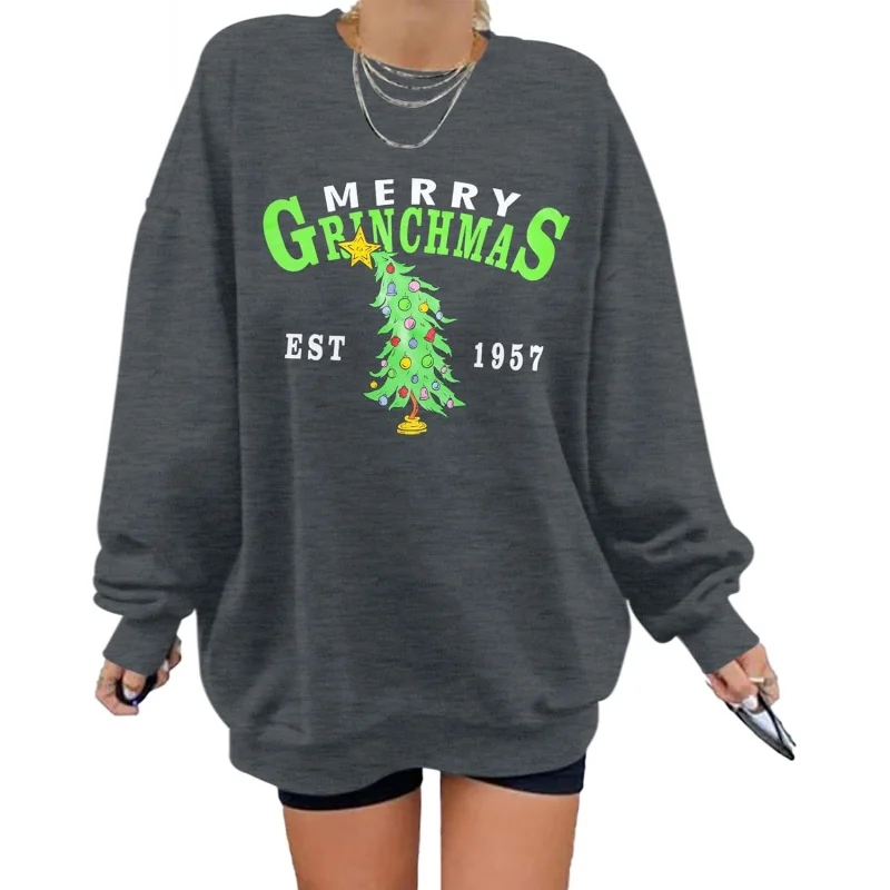 Happy Christmas Embroidered Round Neck Long Sleeve Hoodie