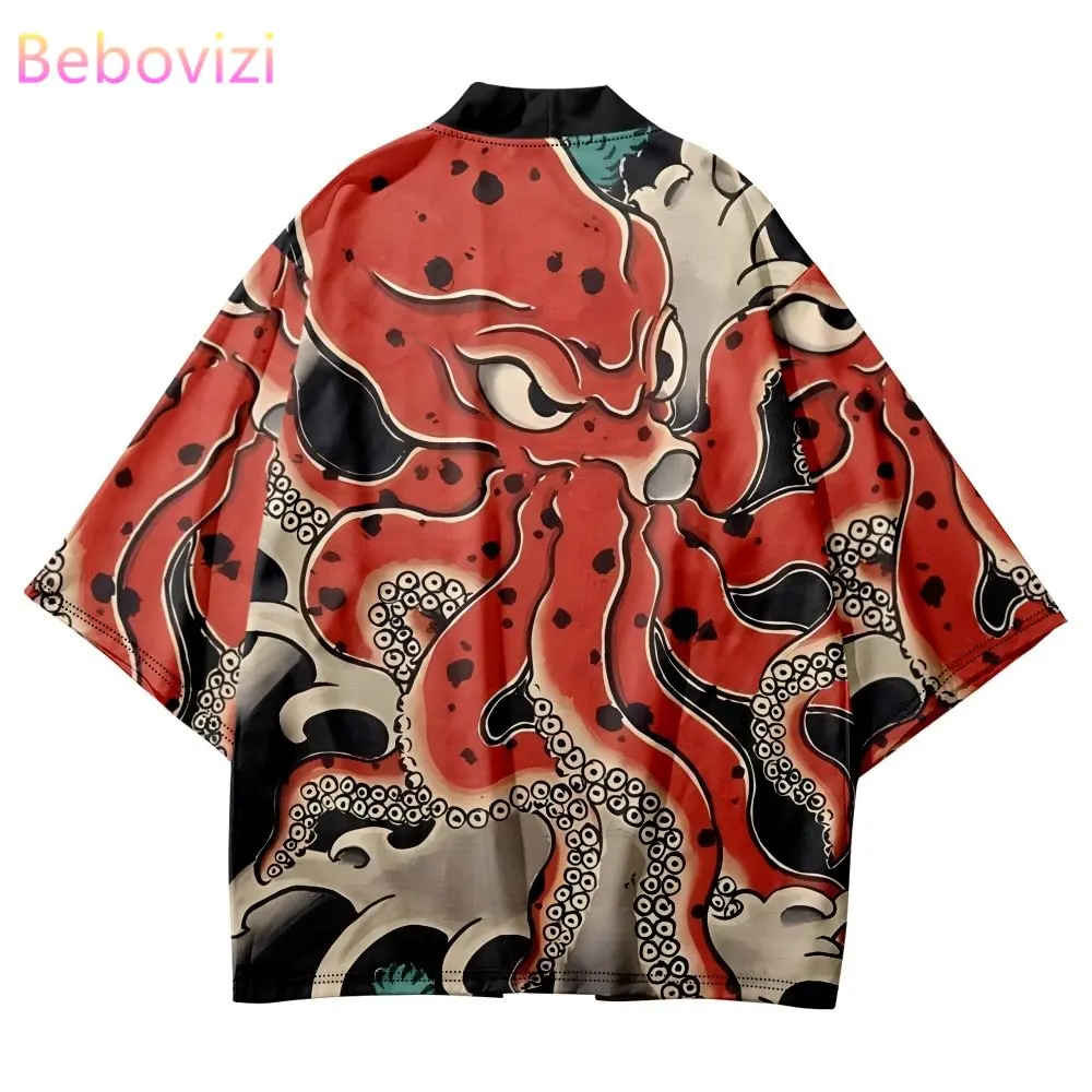 5XL 6XL Oversized Tops Summer Cardigan Beach Japanese Anime Octopus Print Traditional Kimono Women Men Haori Shirts