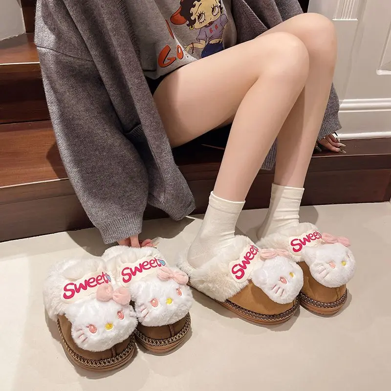

Anime Hello Kitty Winter Plush Slippers Cute Fuzzy Warm Comfy Women Home Shoe Kawaii Y2K Outdoor Antiskid Flat Slippers Gift