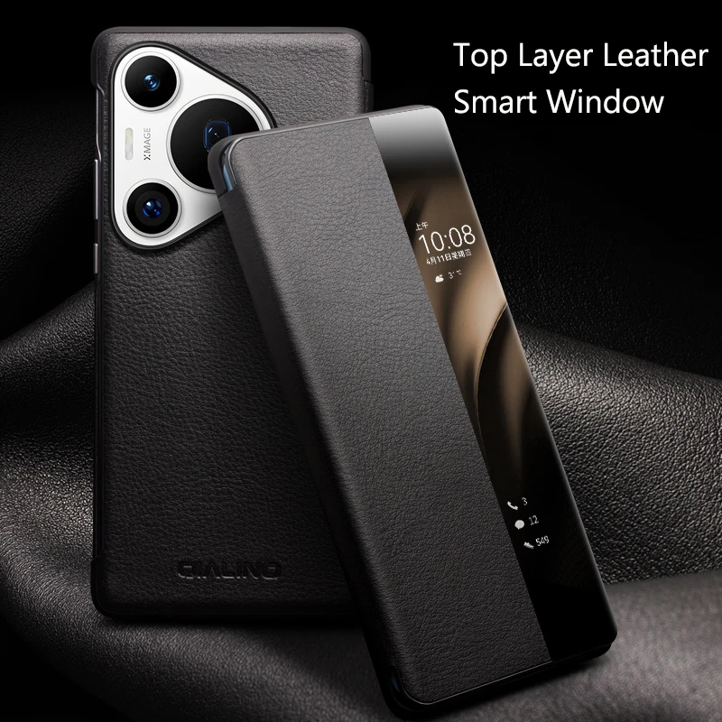 QIALINO Case for Huawei Pura 70 Ultra Genuine Leather Phone Cover for P70pro Protective Luxury Case with Intelligent Window