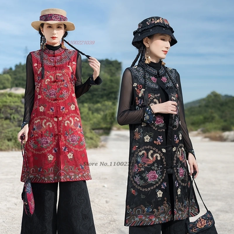 

2025 chinese vintage hanfu tops traditional satin jacquard stand collar vest national flower embroidery vest sleeveless jacket
