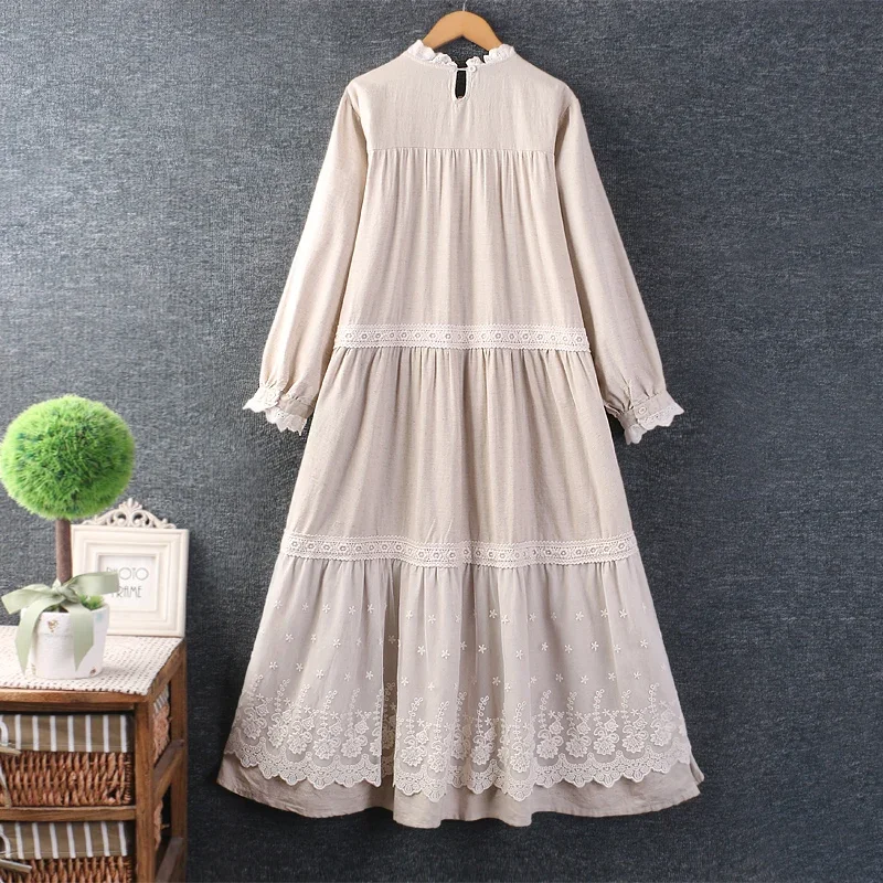 Spring Sweet Mori Girl Lace Spliced Floral Embroidery Cotton Linen Dress Women Long Sleeve Casual Loose Midi Dresses