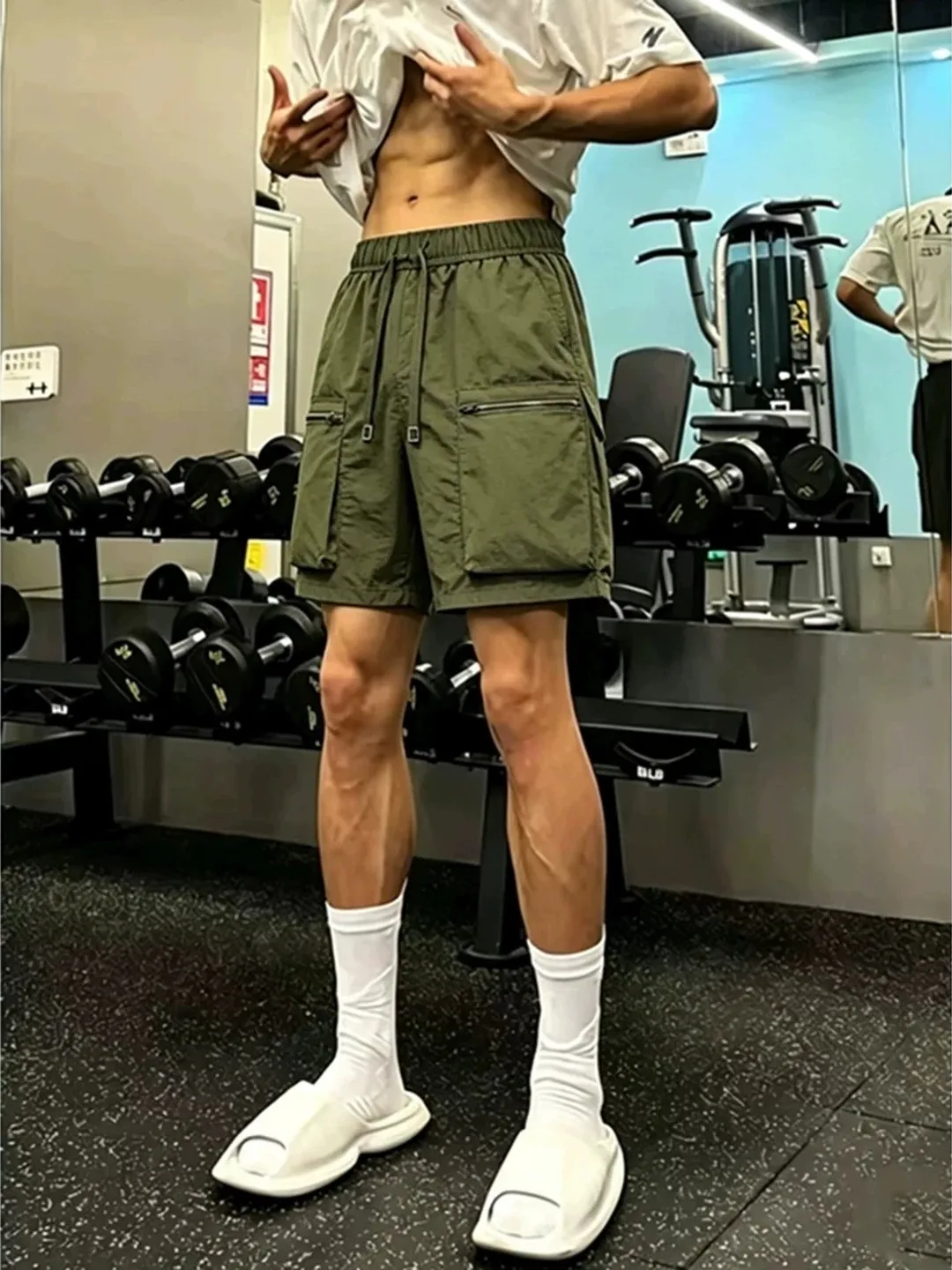 Quick Dry Military Green Nylon Shorts Men's Summer Thin American Style Big Pocket Sports Fitness Five-Quarter Length Pants