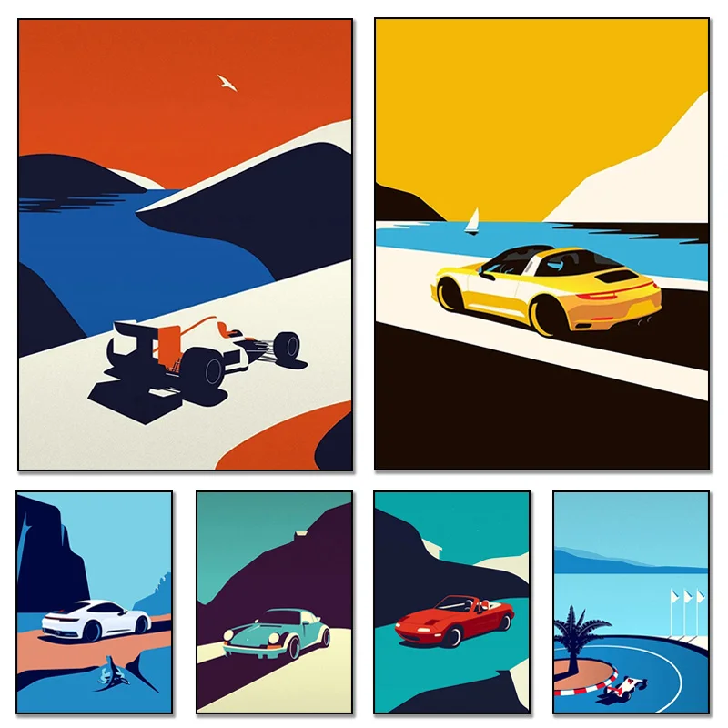 ציור קנבס מודולרי קיר קלאסי 911 רכבים אדומים צהובים ירוקים לבנים נורדיים והדפסים פוסטר לסלון בית