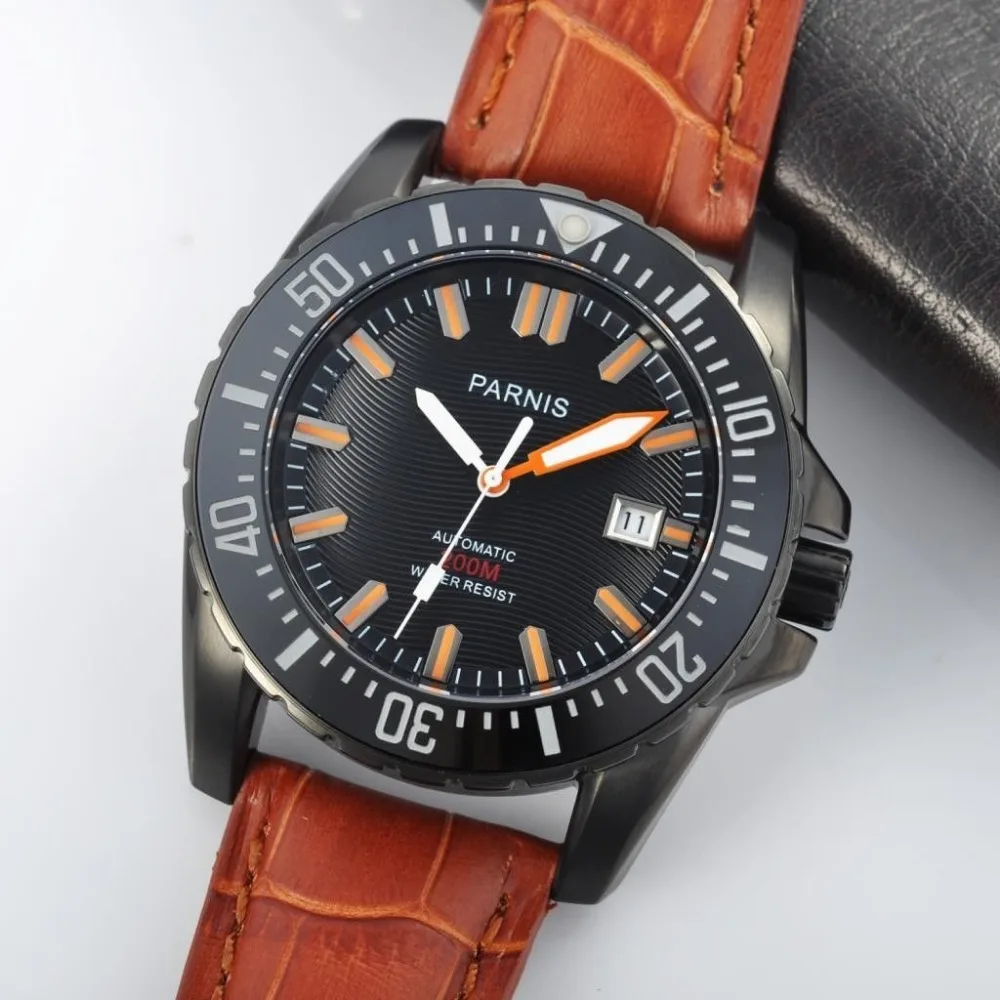 

Fashion Parnis 44mm Black Automatic Diver Watch Waterproof 200m Leather Band Orange Hands Mechanical Men's Watches reloj hombre