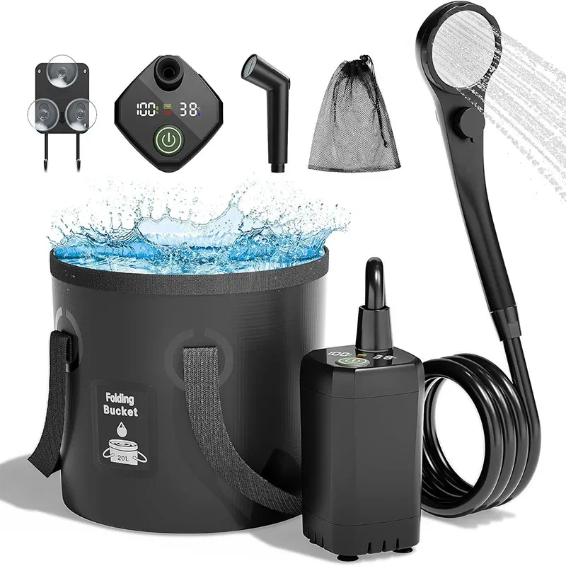 

New Portable Camping Shower Upgrade 6000mAh Rechargeable Electric Shower Pump with 5 Gallon Collapsible Bucket LED Display