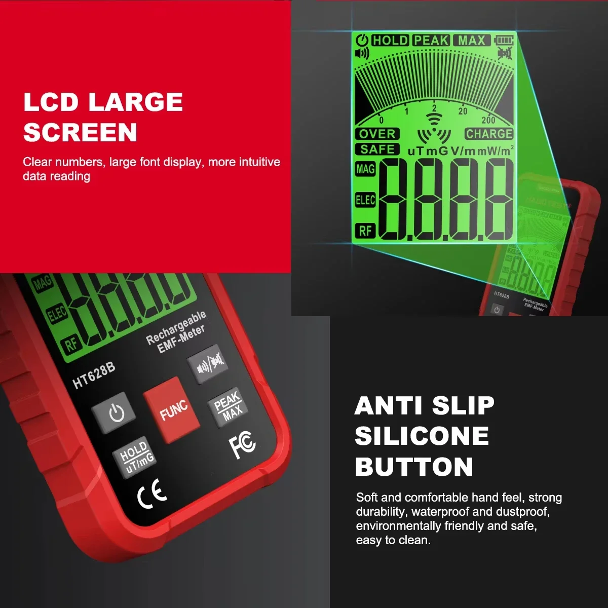 HABOTEST HT628 EMF متر اختبار الإشعاع الكهرومغناطيسي المجال الكهربائي المجال المغناطيسي RF كاشف تردد الراديو الإشعاع #5