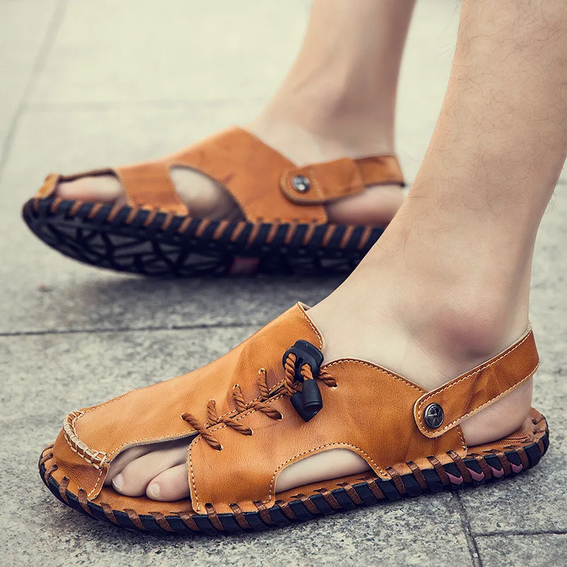 

Men's Genuine Leather Sandals Handmade Closed Toe Non-Slip Summer Outdoor Slippers for Beach Walking Driving