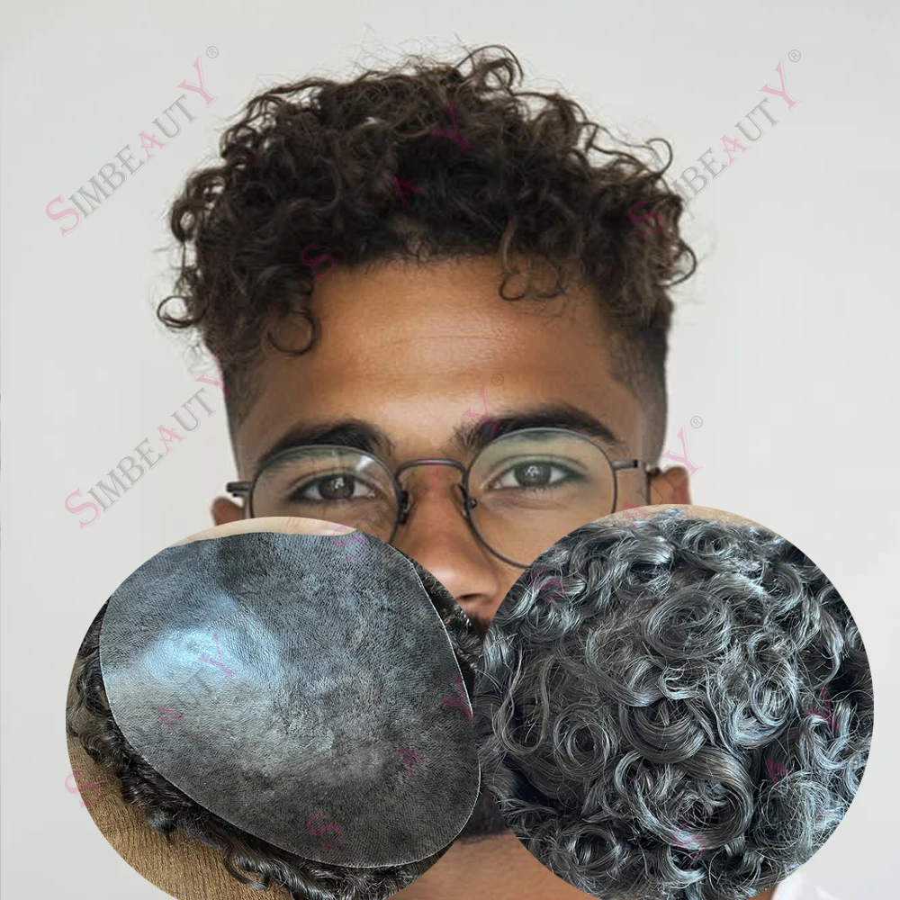 

24 мм вьющиеся светлые коричневые, черные, серые мужские волосы, замена Prosthesi, супер прочный, полностью из искусственной кожи, инъекционная система парика из человеческих волос для мужчин