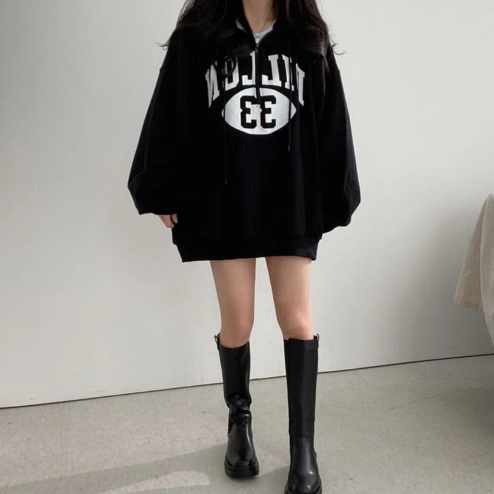 2024 Girl Hip Hop Zip Up Oversized Hoodies Women Harajuku Top Letter Print Sweatshirts Gray Vintage Loose Autumn Tops Grunge