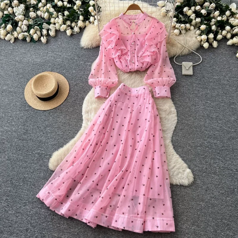 Women's French Gentle Style Heart Printed Shirt And High Waist Skirt Two-Piece Set Autumn Elegant Outfit High-End Fashion J1847