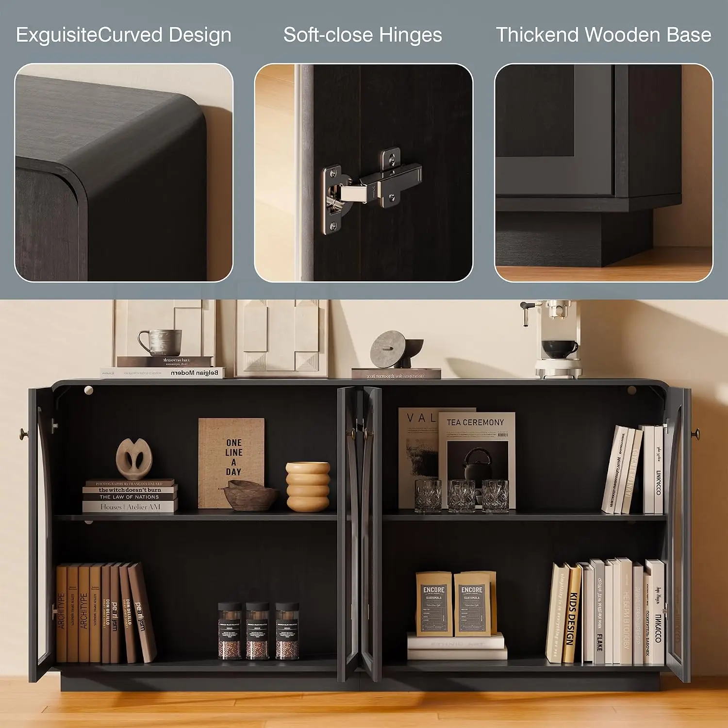 Credenza Storage Cabinet for Living Room, Black Sideboard Wooden Accent Cabinet, Modern Coffee Bar Console Cabinet, Customized