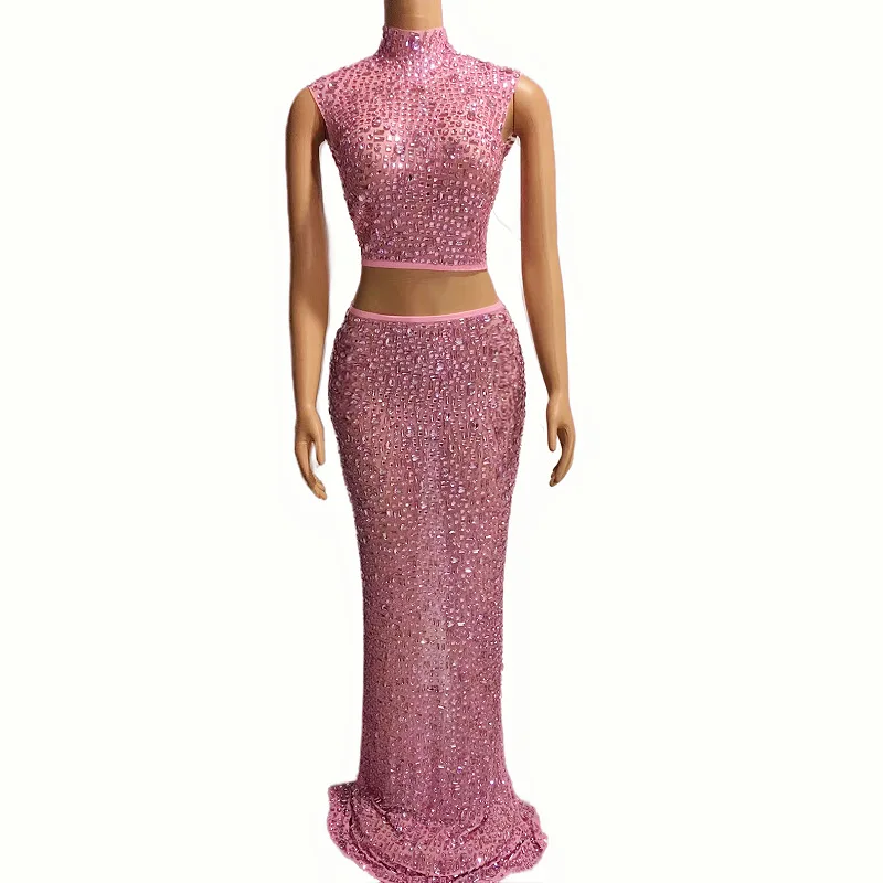 Costume di compleanno Cristalli affascinanti Abito scintillante Donne eleganti Abiti Para Mujer Elegantes Abiti Con Manga Fiesta Elegantes