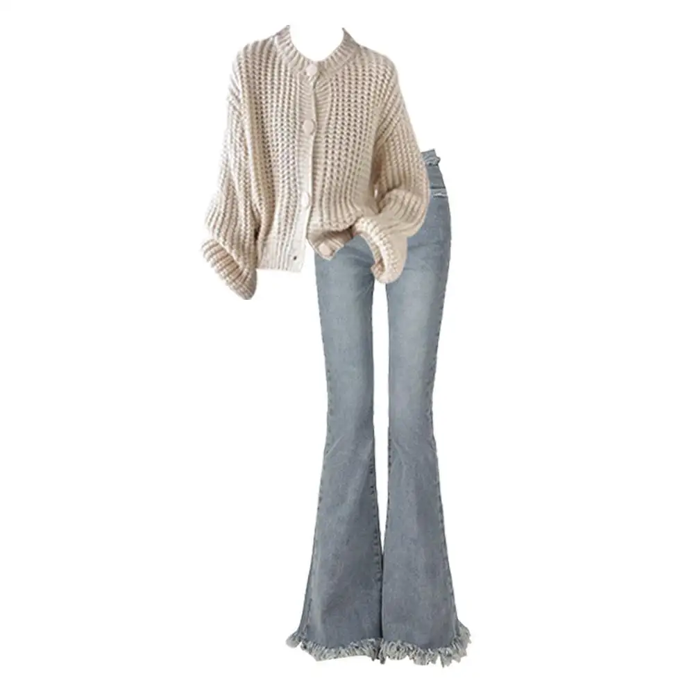 Lush Knitted Cashmere Cardigan Sweater Set round Neck Long Sleeve Lazy High-End Feel Short Coat with Bell Bottom Jeans - view 5