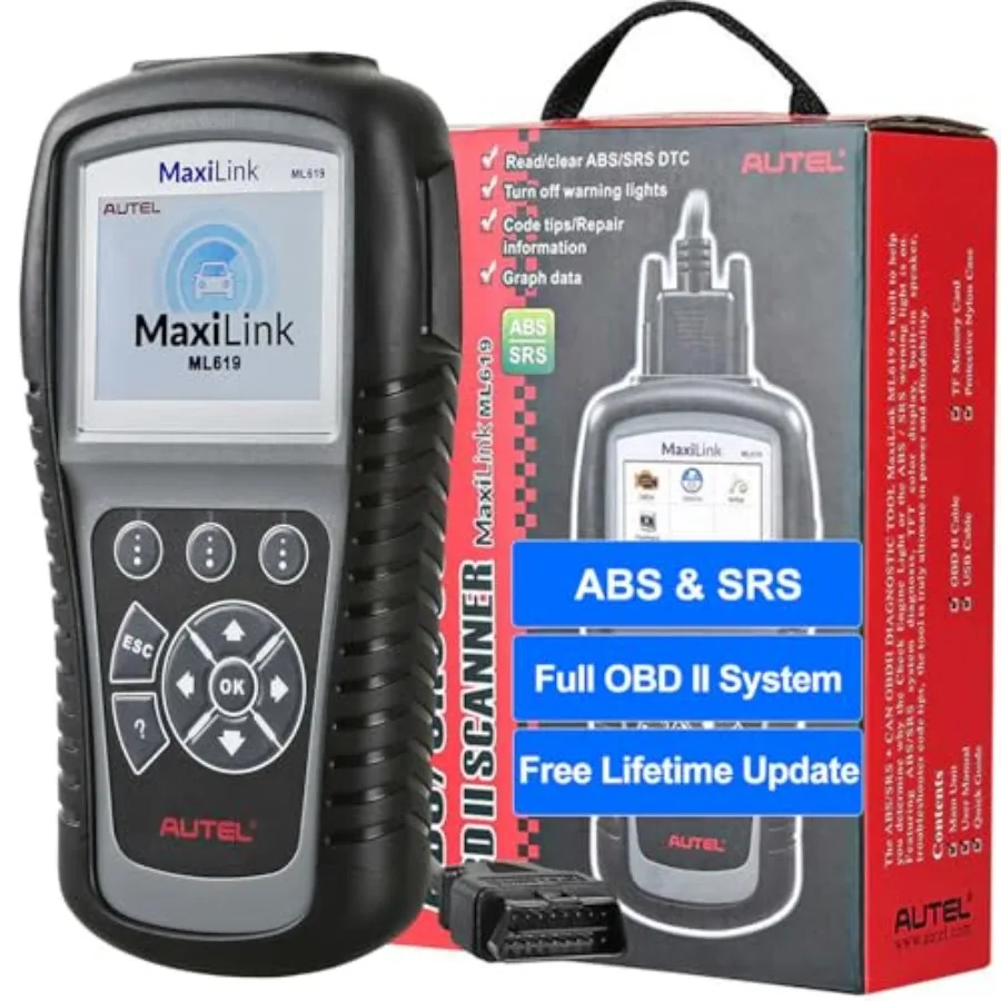 OBD II scanner for automotive diagnostics, ABS SRS systems, black plastic housing, real-time live data and troubleshooting tips