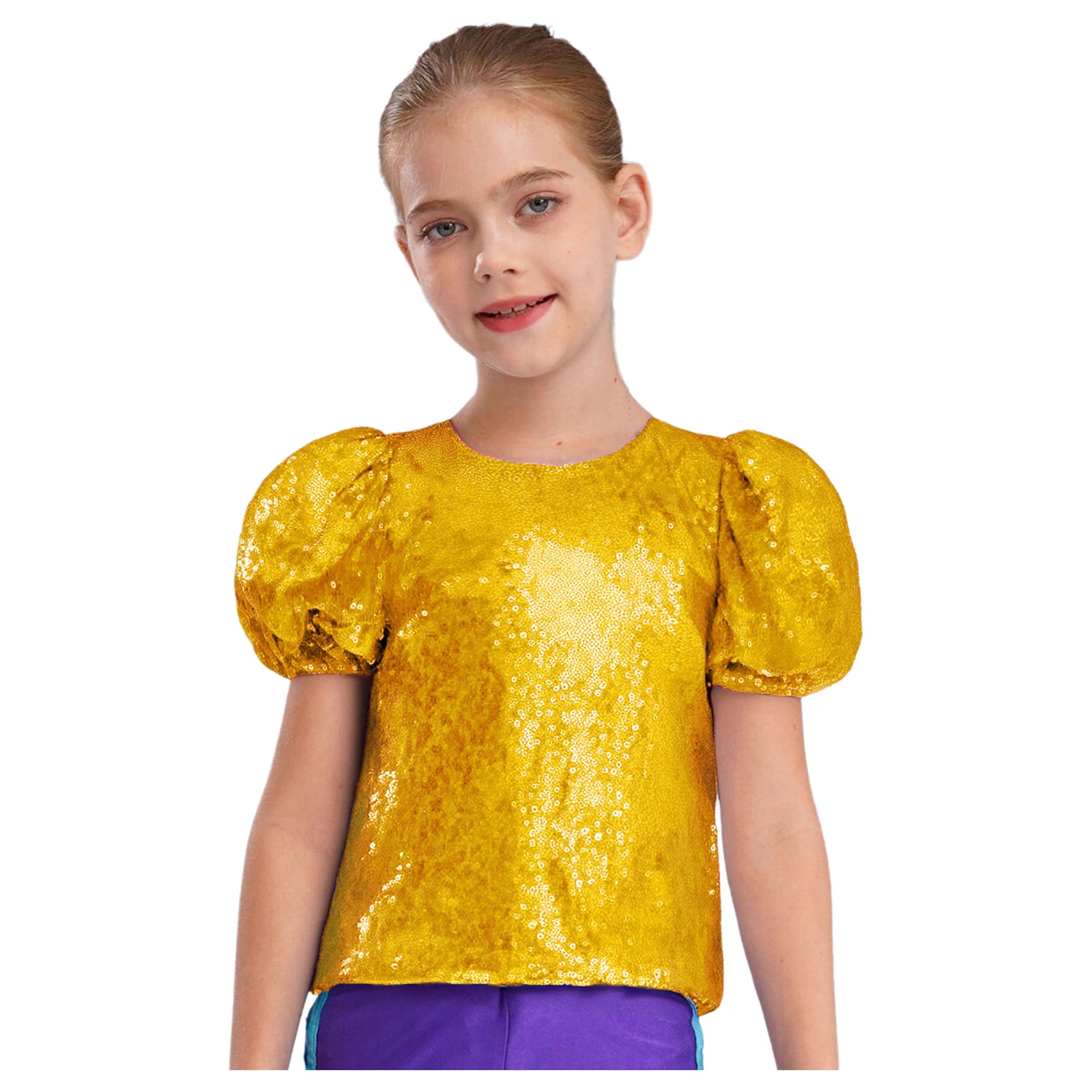 

Kids Girls Shirt Fashion Short Puff Sleeves Sequins Dance Tops for Party Disco Jazz Dance Cheerleading Performance Dancewear
