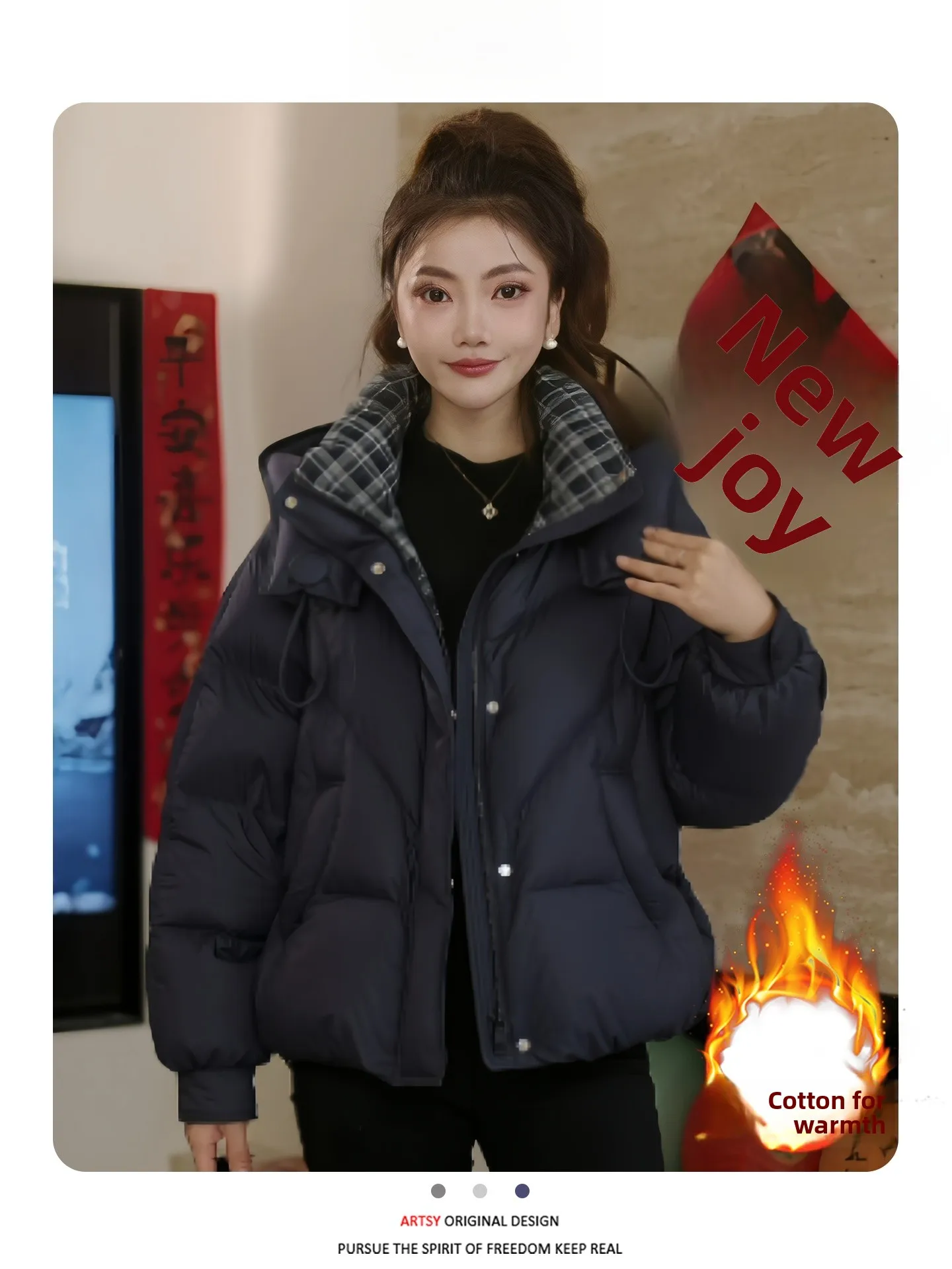 

2026 Winter New Faion Casual down Cotton Jaet Women ort Thiened Fce Lined Waist-cinching Slimming Coat