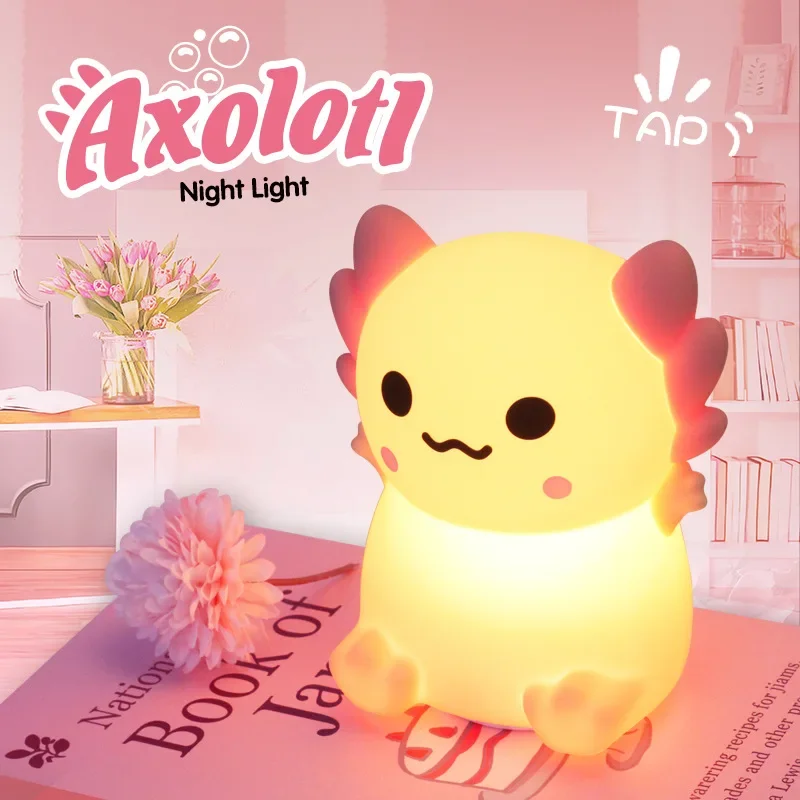 Cute Axolotl Night Light 3 Brightness Silicone Nursery Sleeping Lamp Touch Control Nightlights USB Rechargeable Table Lamps Gift