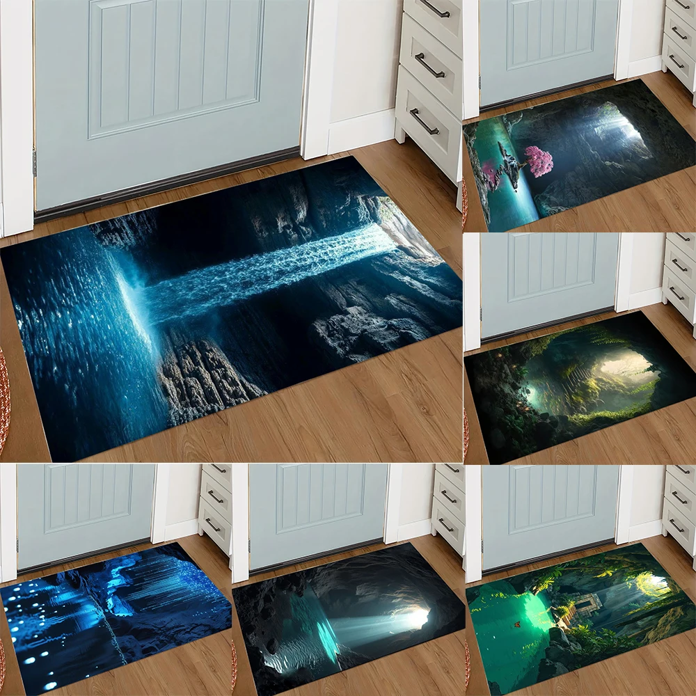 Mystic Cave Door Mat Various Styles With Sunlight Beam Underwater Grotto Jungle Oasis Art Designs NonSlip Rug For Home Decor