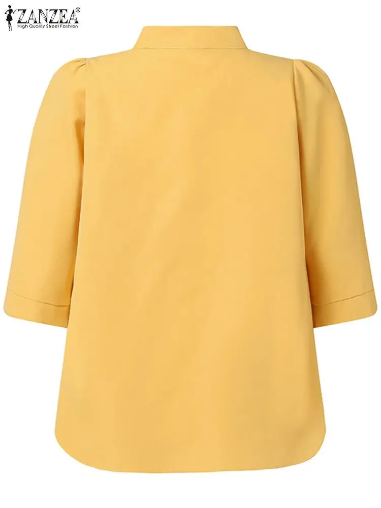 ZANZEA-Blusa informal con cuello levantado para verano, camisa de manga larga con botones, Color liso, 2023