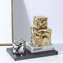 Ceramic Handicraft Geometric Square Irregular Fold Pattern Ice Block Gold Ceramic Ornament Decorative Figurines Home Decoration