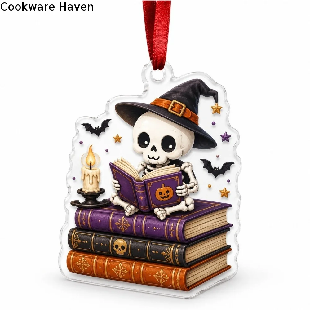 Car Pendant 2D Flat Reading Ghost Pendant Acrylic Black Cat Reading Book Ghost Figurine Spooky Halloween Bag Charm Holiday Party