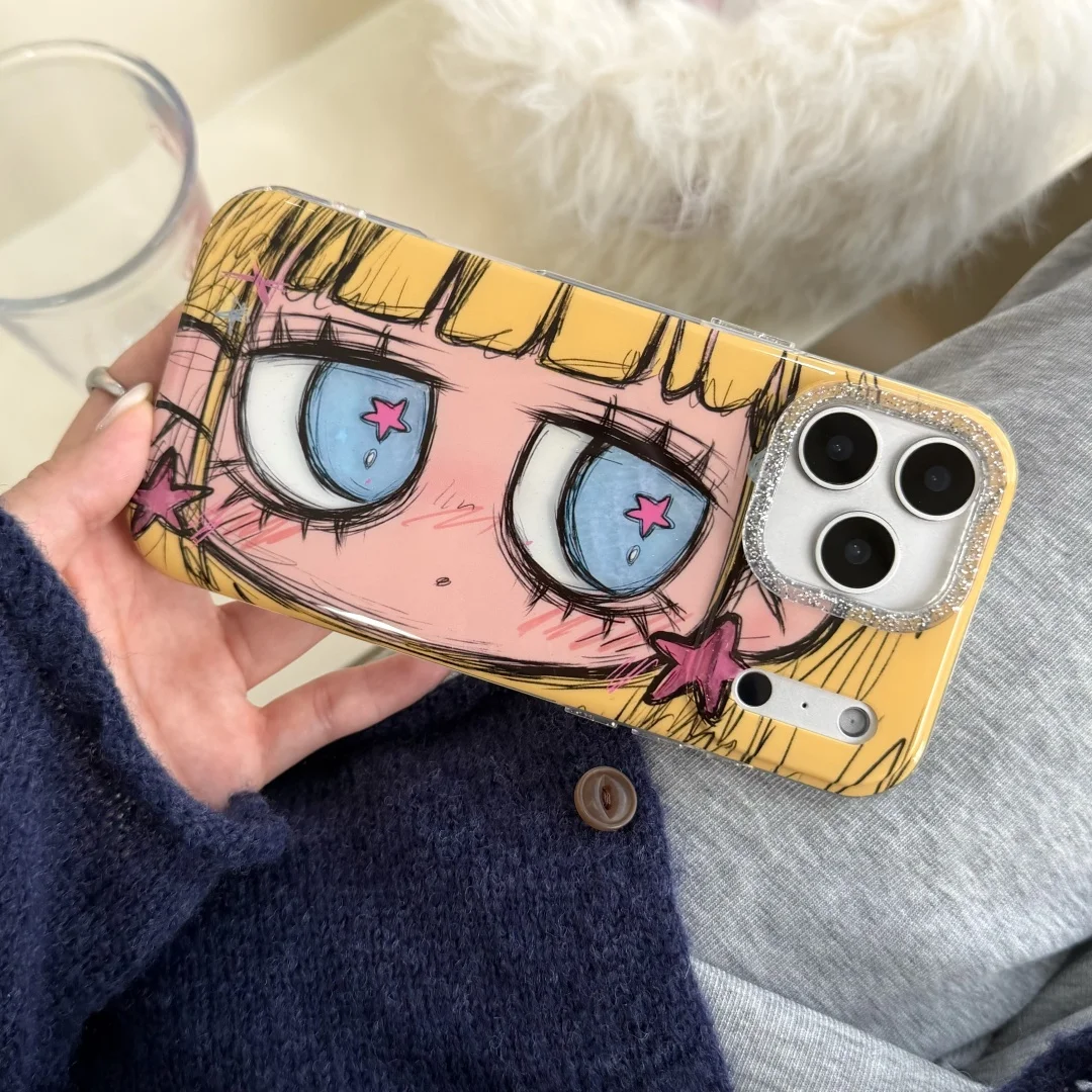 

Anime Girls Personality Graffiti Y2K Fashion Art Creative Phone Case For iPhone 17 16 15 14 13 Pro XR Max Plus yellow Cover
