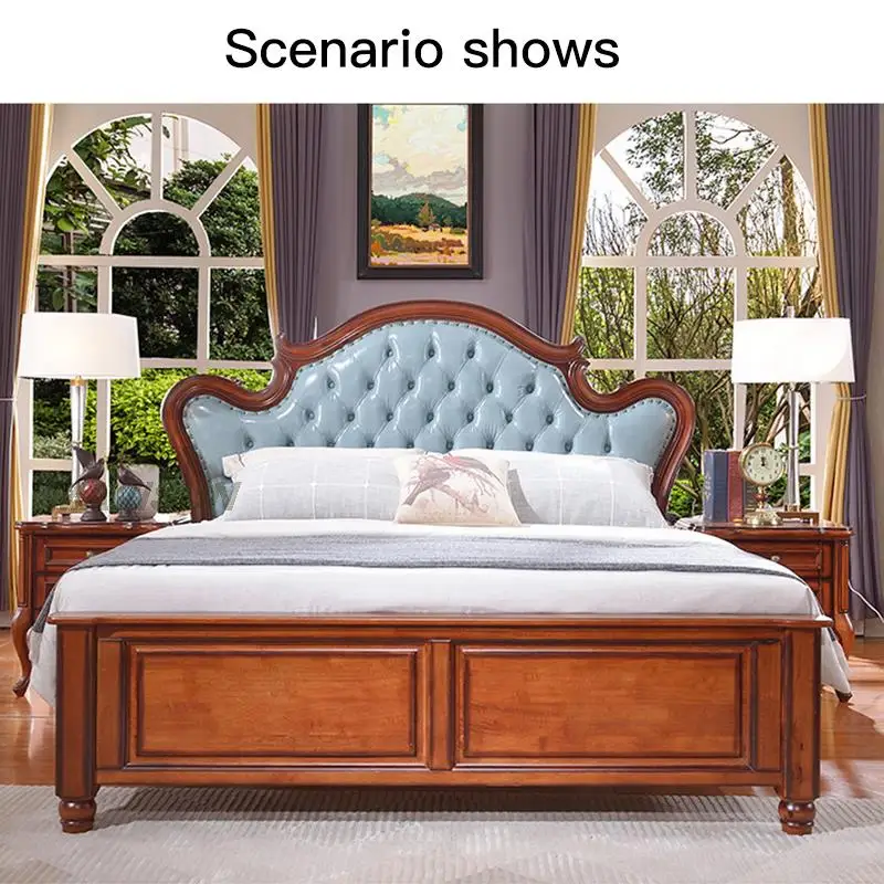 American Classic Simple Master Bedroom Solid Wood Leather Bed Light Luxury Country Furniture Bedside Table Combination 1.8m Bed