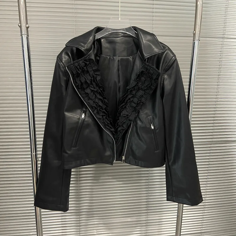 WTHT Trendy delle nuove donne impiombate bordo increspato risvolto giacca di pelle PU 2025 autunno moda maniche lunghe cappotto con cerniera femminile 1LS2495