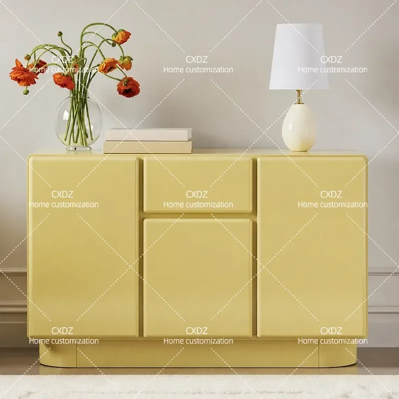 Cream Yellow Solid Wood Decorative Cabinet Creative Square Storage Chest for Small Apartment Living Room Bedroom Light Luxury